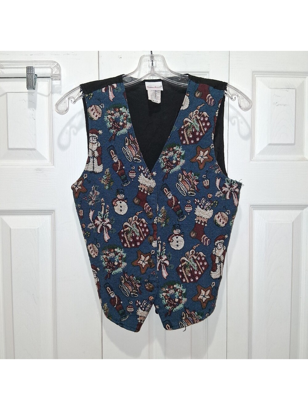 Vintage Bobbie Brooks Tapestry Christmas Vest Small Blue Santa Snowman Holiday